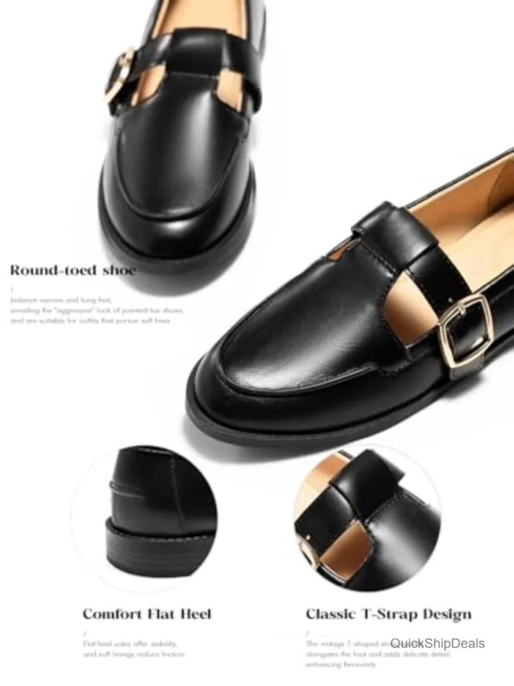 Women's Faux Leather T-Strap Loafers Slip On Round Toe Comfort Flat Heel Work